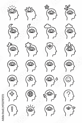 Mindfulness and Mental Health Icon Set featuring human head profiles with symbols representing consciousness, meditation, and psychological states