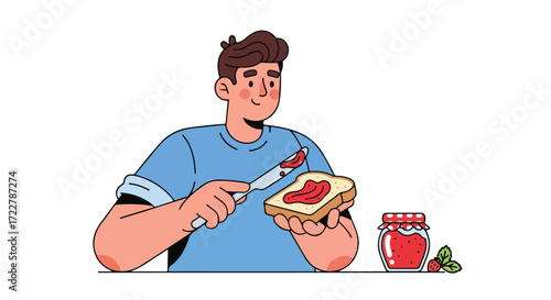 A Cartoon Man Spreading Strawberry Jam on Bread: A Wholesome Breakfast Scene in a Modern Vector Style illustration