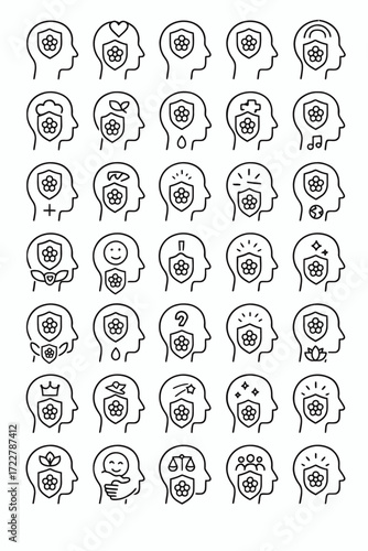 Linear icons depicting mental health, emotional well-being, and mind protection. Set symbolizing psychological security, inner thoughts, and personal resilience