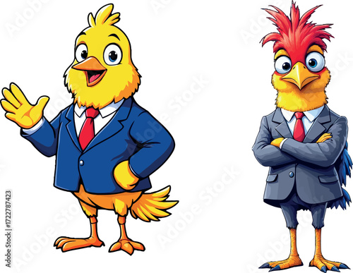 Vsai cartoon chicken and rooster mascots wearing business suits