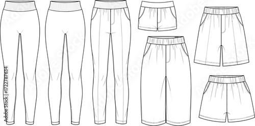 Vector technical sketch of leggings and shorts, front and back view, flat fashion drawing, activewear design, apparel cad illustration