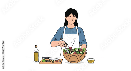 Woman in Apron Prepares Fresh Salad with Olive Oil and Vegetables, a Culinary Scene Depicting Healthy Eating and Wellness at Home, Preparing a