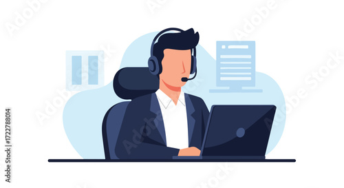 Professional assistance representative working on a computer with a headset providing client support in a business setting