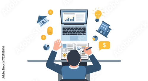 Financial growth concept represented by a professional analyzing data and planning investments for future returns and real estate prospects
