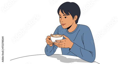 Cartoon illustration of a young man enjoying a cup of cappuccino with latte art in a relaxed setting indoors