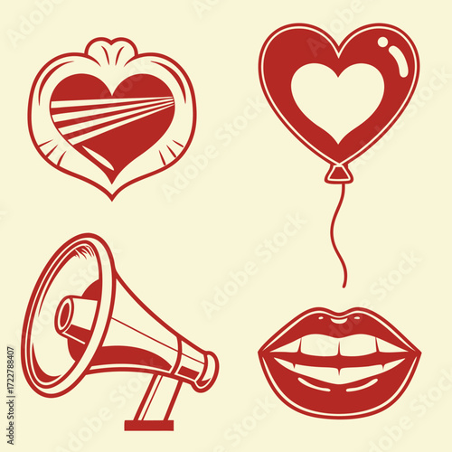 Vector art of set of four red icons including a heart locket, heart balloon, megaphone, and lips, isolated on a light yellow background