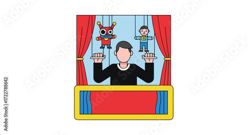 Whimsical puppet show stage featuring a puppeteer and two endearing characters ready for a captivating performance