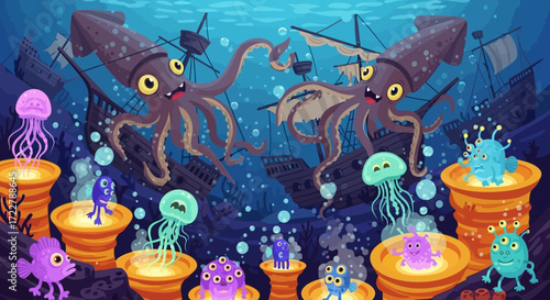 Cartoon Underwater Scene with Squids, Jellyfish, and Treasure Chests.