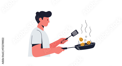 Man flipping pancakes in a pan with a spatula in a stylized flat illustration showing cooking at home on a white background