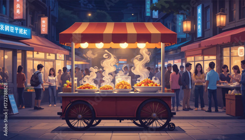 Vector street food cart with steaming dishes, night market vibe, flat cartoon style, Ai Generate 