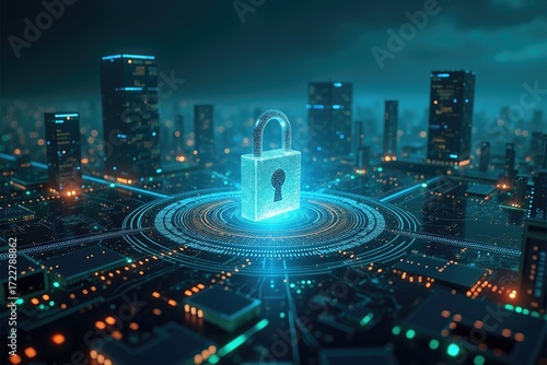 Glowing padlock over a futuristic city with circuit patterns and tall buildings in a digital landscape