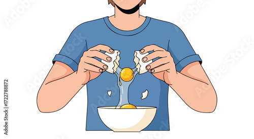 Cracking an Egg for Cooking: A Visual Guide to Culinary Preparation and Ingredient Incorporation Depicting a Person Carefully Separating the Egg