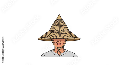 An illustration showcasing a person wearing a traditional Asian conical hat. The image is clean with a white background, focusing on the hat and the person's face