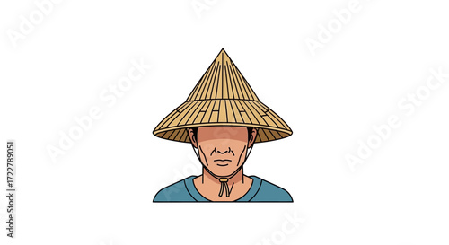 A stylized illustration of a person wearing a traditional conical Asian hat, reminiscent of rural cultures and farming, set against a clean white backdrop, suitable for various design applications