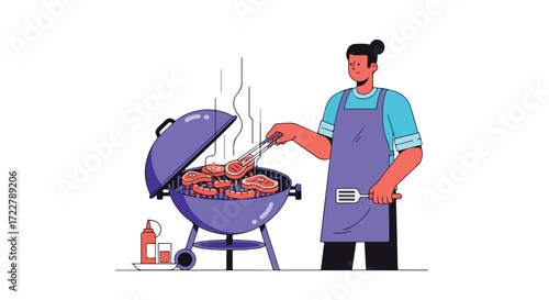 Grilling expertise: Man skillfully grilling steaks, creating an enticing outdoor barbecue atmosphere for culinary delights and shared moments outdoors