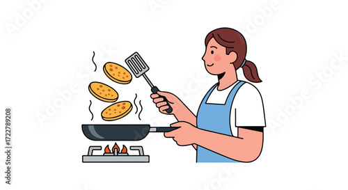 Cheerful cook flips delectable golden brown pancakes in a modern kitchen setting, promising a delightful breakfast experience and culinary creativity