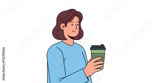 Illustration of a woman holding a green coffee cup, smiling slightly, expressing relaxed contentment, showing a simple everyday moment of enjoying a