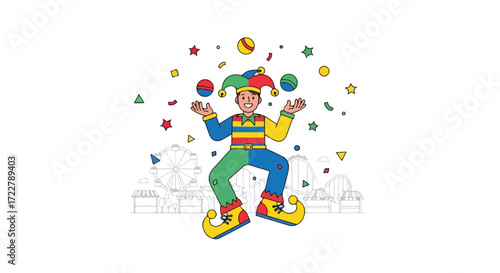 Whimsical carnival performer juggling colorful spheres amidst festive shapes and amusement park backdrop, a playful scene conveying joy and