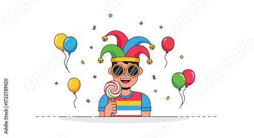 Whimsical Cartoon Jester Celebrating with Balloons and Candy, Embracing Festivity and Fun