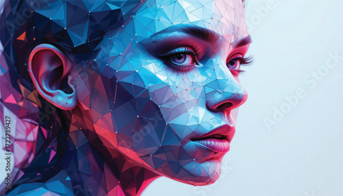 Low-poly geometric vector of human face made of triangles, futuristic digital style, Ai Generate 