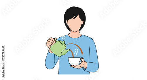 Stylized depiction of person pouring tea from teapot into a cup against white background, creating a cozy and comforting visual narrative