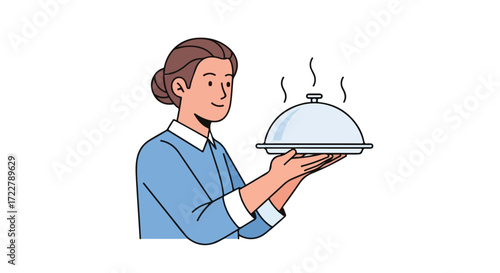 Elegant waitress gracefully presenting a tempting meal under a silver cloche dome with a satisfied smile for customers
