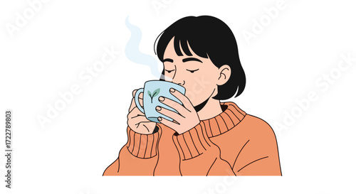 Illustration of a woman in a cozy orange sweater enjoying a steaming beverage, portraying relaxation and self-care on a white backdrop