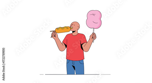 Cartoon Illustration of a Man Indulging in Carnival Treats: A Corn Dog and Cotton Candy Delights his Senses