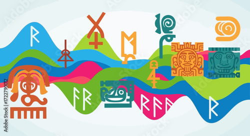 Colorful Abstract Symbols and Runes on Wavy Background.