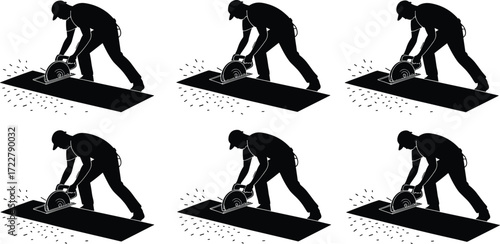 silhouette construction worker cutting metal with power saw, sparks flying, industrial laborer using circular tool, building site work, construction industry background illustration