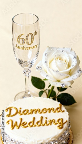 Diamond wedding cake and champagne glass celebrating 60th anniversary