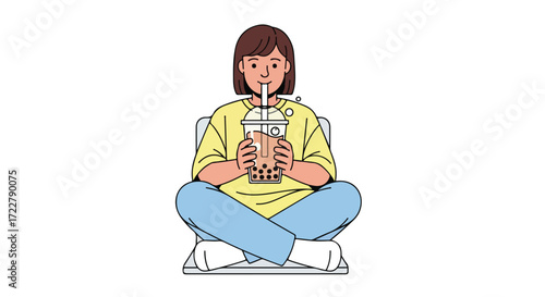 Illustration of a Girl Relaxing and Savoring a Refreshing Boba Tea in a Carefree Manner Creating a Sense of Tranquility