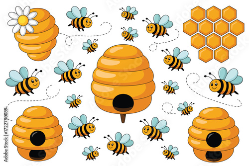 Cartoon Bees with Honeycombs and Flowers,  Fun Summer Scene Vector Illustration for Kids, Nature Posters, Eco-Friendly Designs, Educational Materials, Stickers, and Creative Graphic Projects