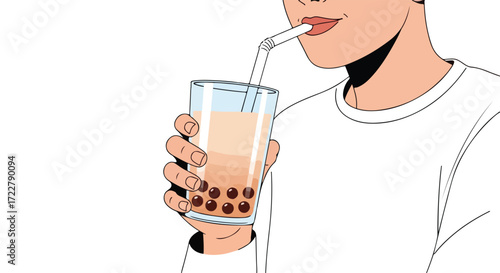 Cartoonish illustration showcasing a person enjoying a refreshing beverage with tapioca pearls in a glass, emphasizing minimalist design and modern