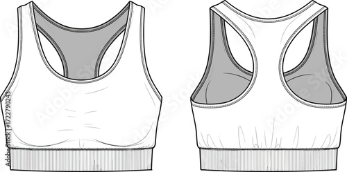 Sports bra vector illustration, front and back view, racerback style, flat sketch drawing, technical fashion cad, activewear design