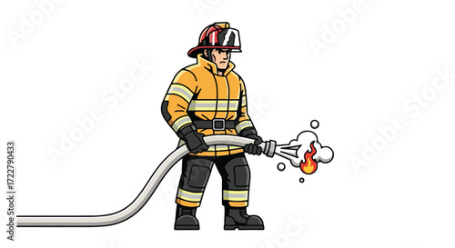 Brave Firefighter battling a blaze with water hose illustration, dedicated to safety and service for community protection