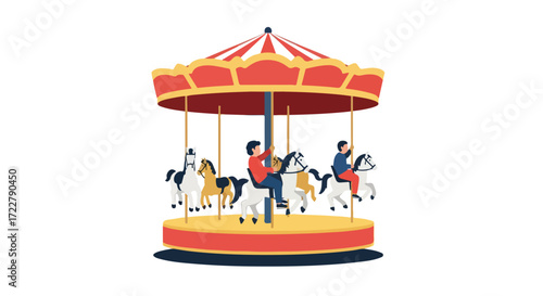 Whimsical carousel ride illustration, capturing the essence of childhood joy and amusement park fun, with riders and playful horses in motion