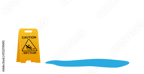 Wet floor caution sign. Public warning yellow symbol clipart. Slippery surface beware plastic board design element. Workplace safety. Vector