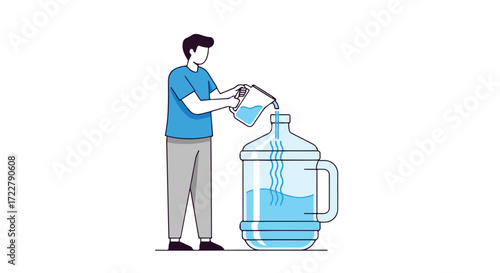 Illustration of a man pouring water from a pitcher into a large dispenser for purification routine or for water consumption