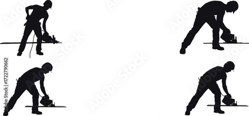 silhouette construction worker using circular saw, man cutting wood plank on building site, industrial laborer operating power tool, construction industry background illustration design