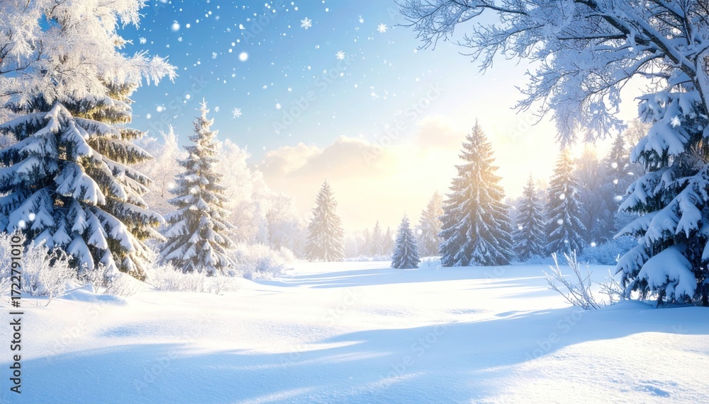 Obraz premium Snowy landscape featuring snow-covered trees under a bright, sunny sky with falling snowflakes in winter, creating a serene, peaceful scene