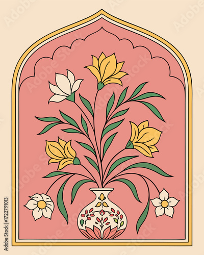 Heritage-inspired Mughal floral design with arch frame, seamless vector pattern suitable for classic invitations, traditional cards, and cultural decorative layouts.