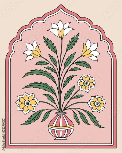 Ornamental Mughal flower plant inside detailed arch, elegant seamless pattern illustration for wedding stationery, cultural textiles, and vintage decorative artwork.