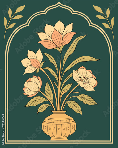 Seamless Mughal floral illustration featuring ornate plant and arch elements, suitable for classic invitations, luxury backgrounds, and traditional ornamental patterns.