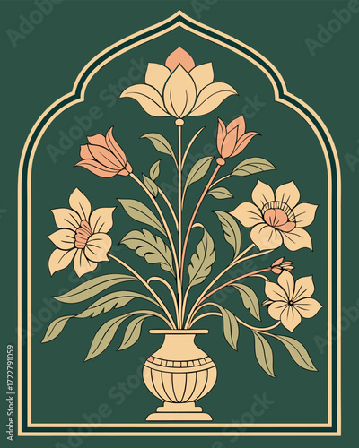 Traditional Mughal floral plant motif framed by ornate arch, seamless decorative design perfect for luxury invitations, heritage patterns, and artistic wallpapers.