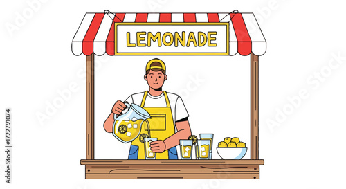 Cartoon illustration of a lemonade vendor pouring a refreshing drink at his summer stand on a hot day during the summer season