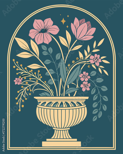 Mughal floral plant framed within elegant arch, traditional seamless pattern design, ideal for wedding invitations, decorative stationery, and cultural artwork.