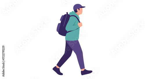 A casual flat vector illustration of a young man with a backpack walking forward confidently demonstrating freedom and youthful spirit