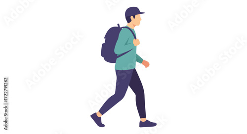 Person wearing a backpack walking on a plain background in a modern style illustration conveying travel and exploration illustration, for design