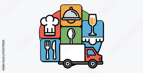 Food delivery truck icon with restaurant equipment and cooking symbols